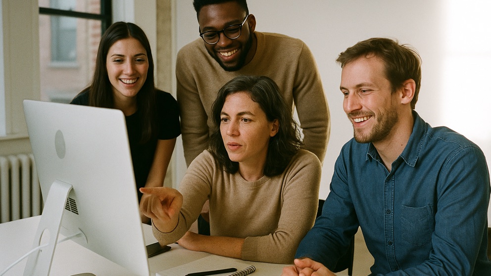 Small business employees working with technology